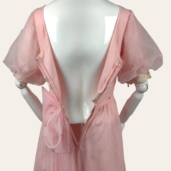 Vintage 1960s Sheer Pink Party Dress Prom Dress MOD MCM Puff Sleeves Lace Prince - Picture 11 of 14